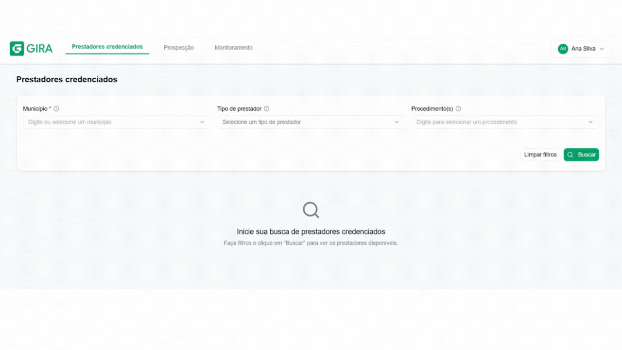 Demonstração da tela de Prestadores credenciados do GIRA