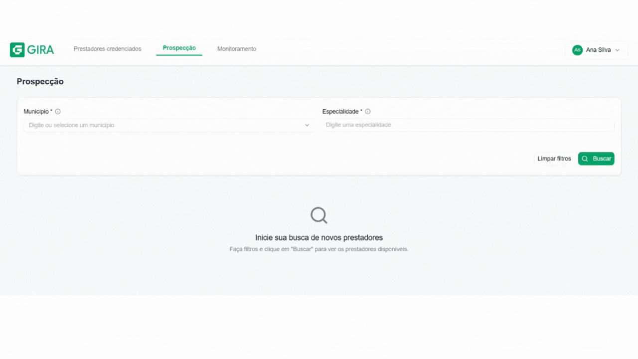 Demonstração da tela de Prospecção do GIRA